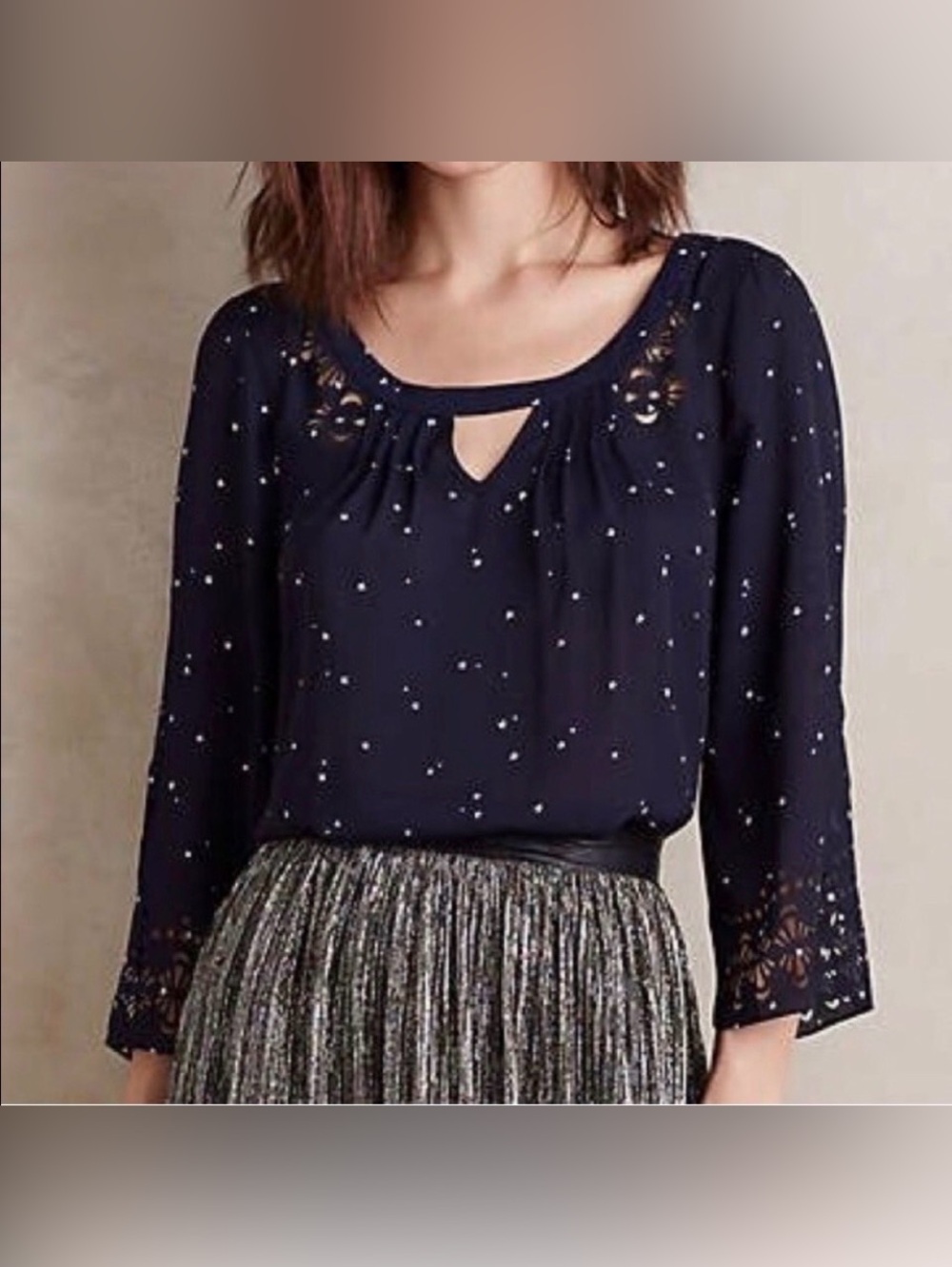 Anthropologie Maeve Teni Star Print Top Blouse Laser Cut Keyhole Navy Size 10
